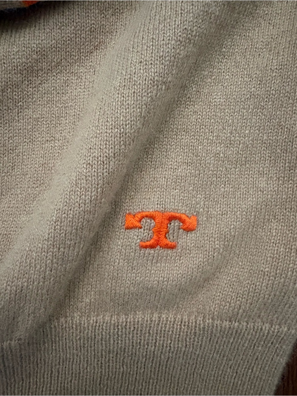Tory Burch Cashmere Taupe Crewneck Sweater with Orange Accents Size XL - Picture 2 of 7